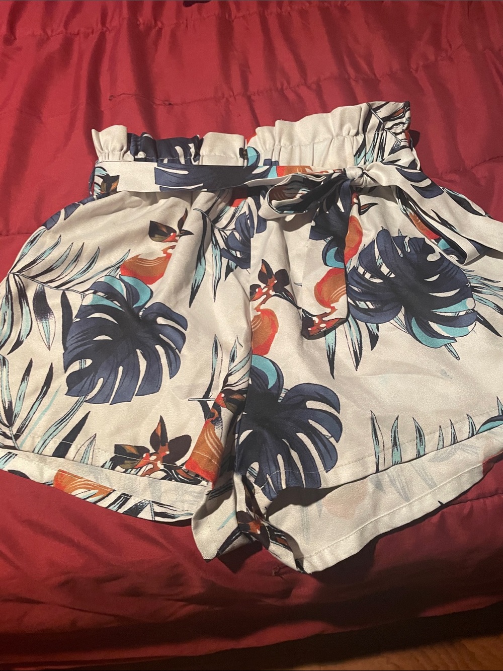 SHEIN Cream Tropical Paperbag Waist Shorts with Navy & Teal Accents